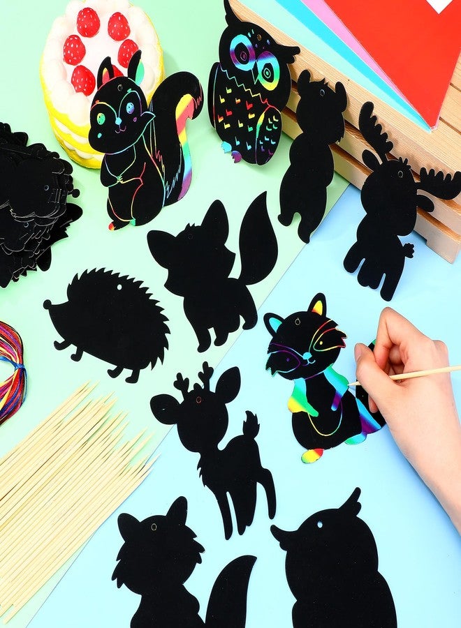 RoundFunny 80 Pcs Woodland Animals Scratch Card for Kids Forest Animals Craft Scratch Paper Craft Kits with 80 Pcs Stick and Ribbon for Birthday Woodland Camping Party Favors - Image 3